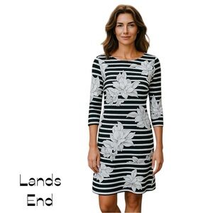 Lands’ End Black White Floral Striped Dress NWOT Size SP